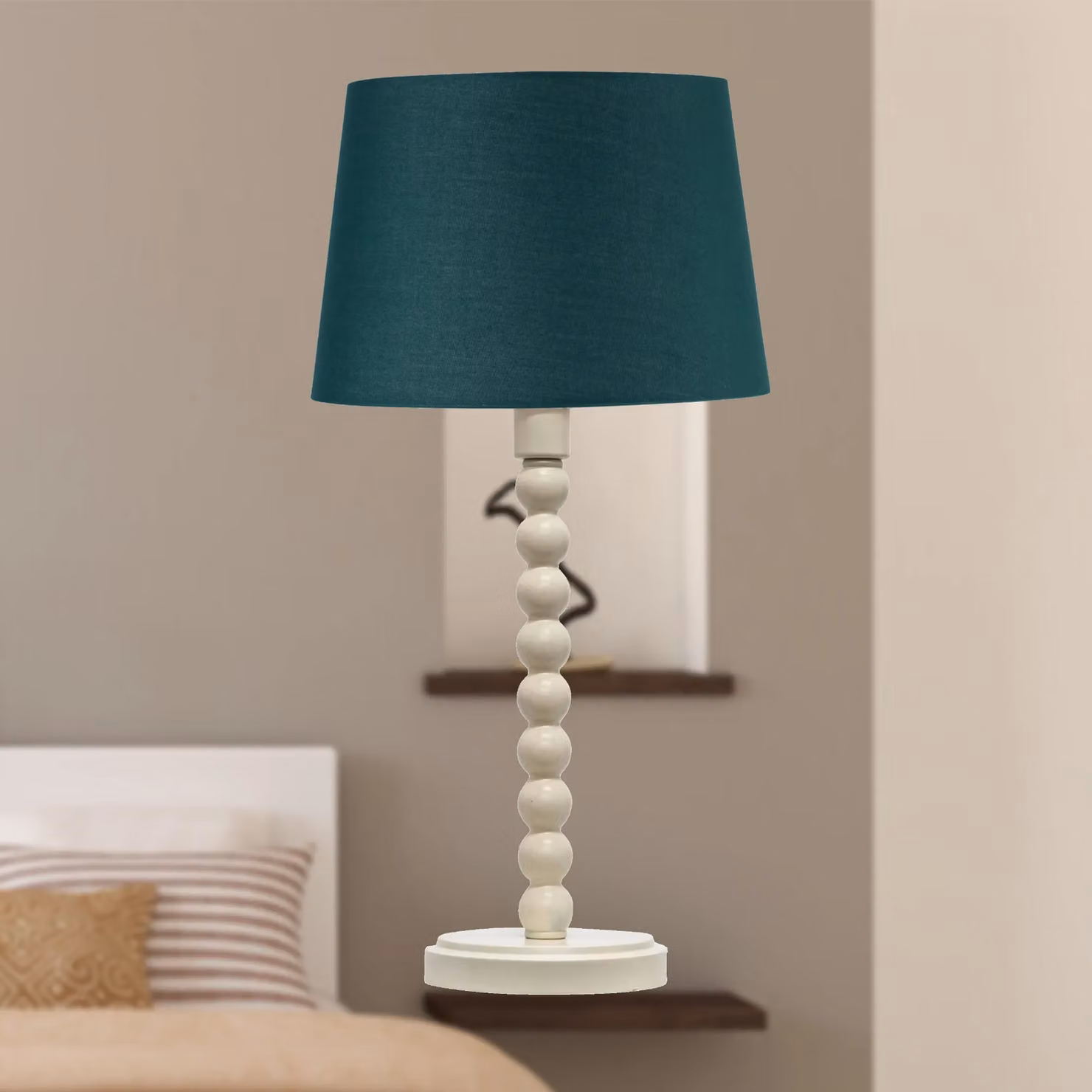 First Choice Lighting Bobbin Set of 2 White Ceramic Table Lamps with Dark Green Fabric Cylinder Shades – 4