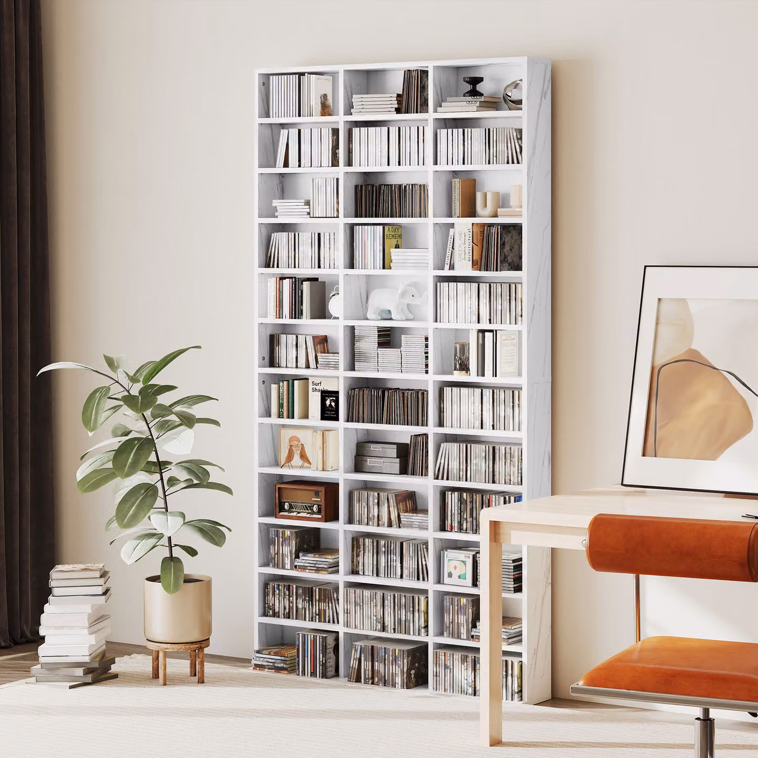 HOMCOM Modern White CD Storage Unit with Adjustable Shelves and Media Compartments, W: 102 cm, H: 195 cm – 2
