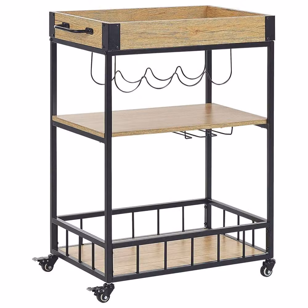 Wyld and Coco Industrial Kitchen Trolley with Wine Rack, Brown Wood Top and Black Metal Frame – 2