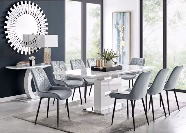 FurnitureboxUK Arezzo Large Extending Rectangular Dining Table with 8 Pesaro Black Leg Chairs in Grey