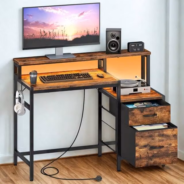 FURNOS Industrial Computer Desk with Drawers, USB Outlets and LED Lights in Brown – 1