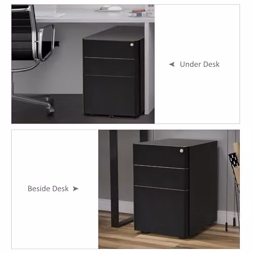 Vinsetto 3-Drawer Metal Mobile Filing Cabinet with Lock and Castors, Black, W: 39 cm, D: 48 cm, H: 59 cm – 4