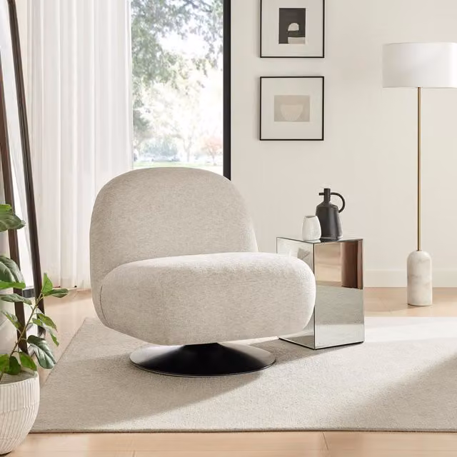 FurnitureboxUK Tilda Fabric Swivel Accent Chair in Beige and Black with Solid Wood Frame