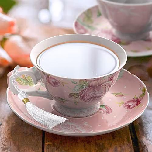 London Boutique Pink and White Floral Tea Cup and Saucer Set of 2 in New Bone China – 4