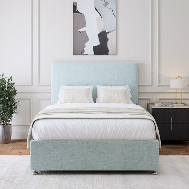 Bedmaster Upholstered Linen Divan Base with Storage Drawers and Plain Headboard, Blue, W: 90 cm