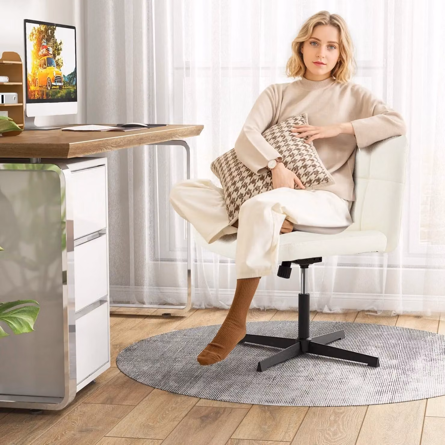 Costway Modern Criss Cross Armless Desk Chair in Beige PU Leather – 3