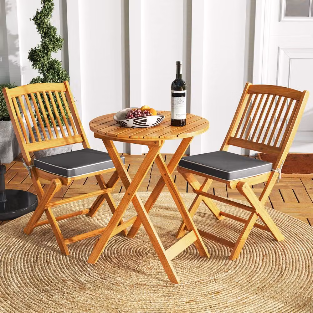 Costway 3-Piece Outdoor Folding Bistro Set with Acacia Wood Chairs and Table in Grey – 2