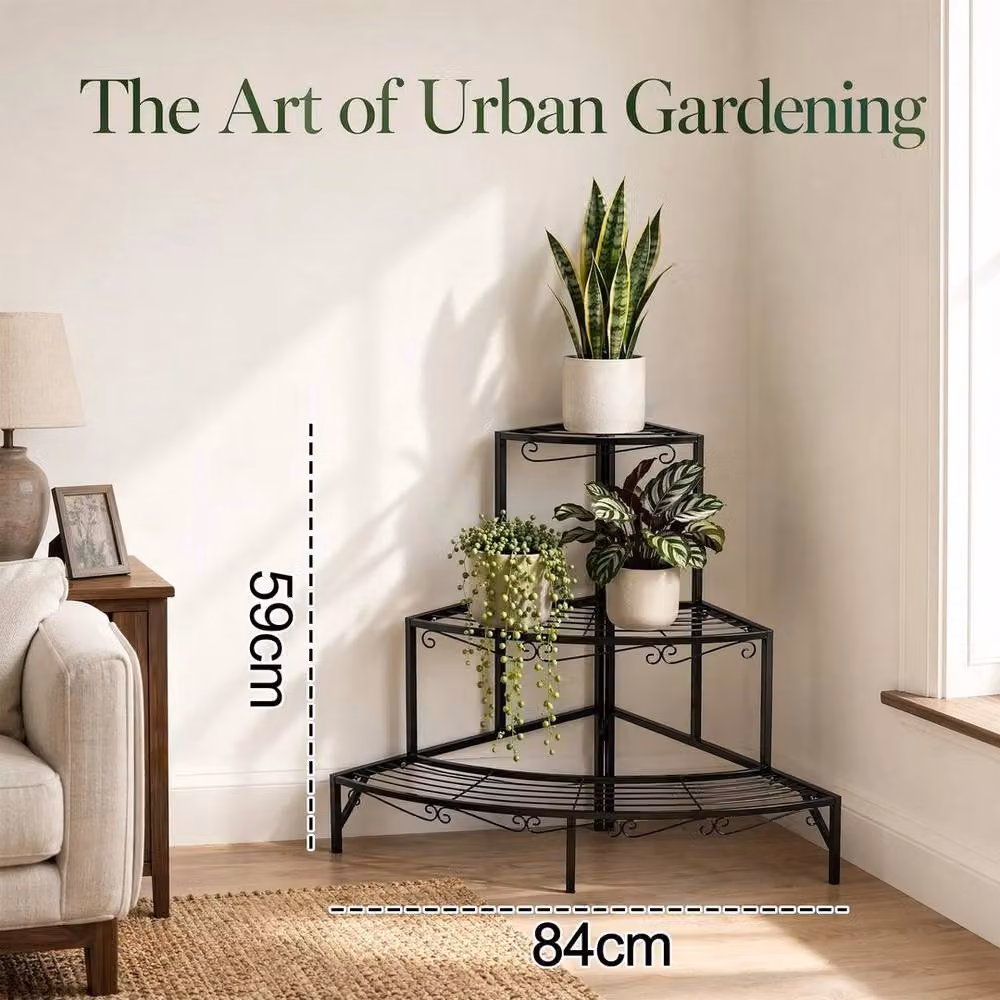 Kelvenix 3 Tier Metal Corner Plant Stand in Matt Black, H 84 cm x W 59 cm x D 59 cm – 2