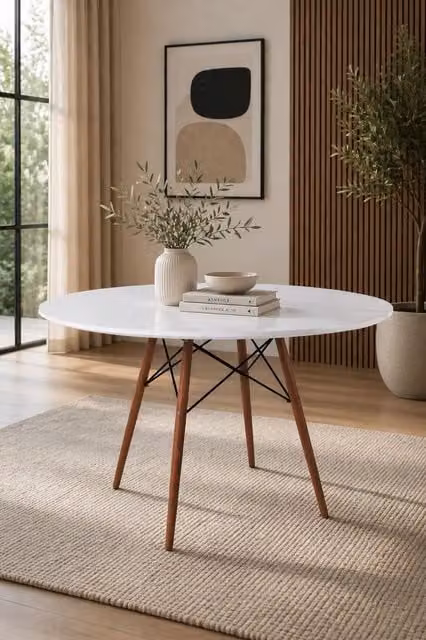 Fusion Living Soho Large White Glossy Circular Dining Table with Walnut Wood Legs