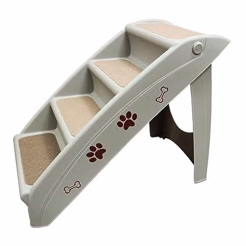Folding Pet Steps for Dogs and Cats with Non-Slip Carpeted Surface, Grey Plastic, H 49 x W 39 x D 62 cm