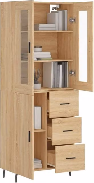 Berkfield Home Sonoma Oak Highboard in Light Brown with Glass Doors, W/D/H: 69.5 x 34 x 180 cm – 1