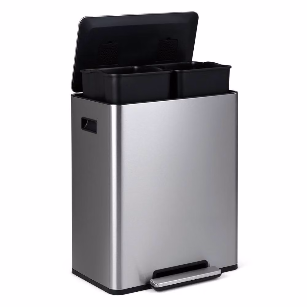 Costway 60L Stainless Steel Pedal Trash Can with 2 Removable Inner Buckets in Silver – 3