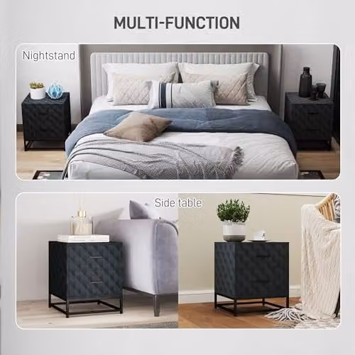 HOMCOM Set of 2 Modern Black Bedside Tables with Metal Legs – 6