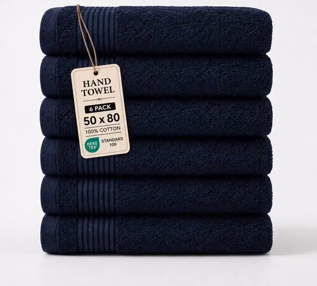 Grace Premium Fluffy Cotton Hand Towels, Pack of 6, Blue, 500 GSM – 1