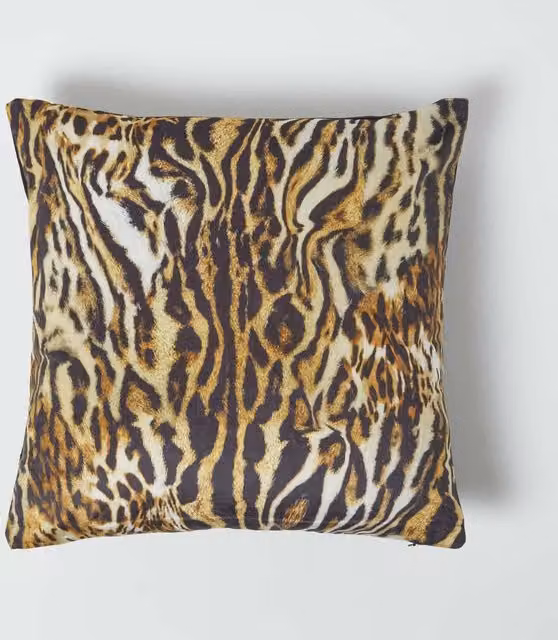 Homescapes Tiger Print Velvet Square Cushion, Orange and Multicolour, W/D/H: 46 x 46 x 46 cm