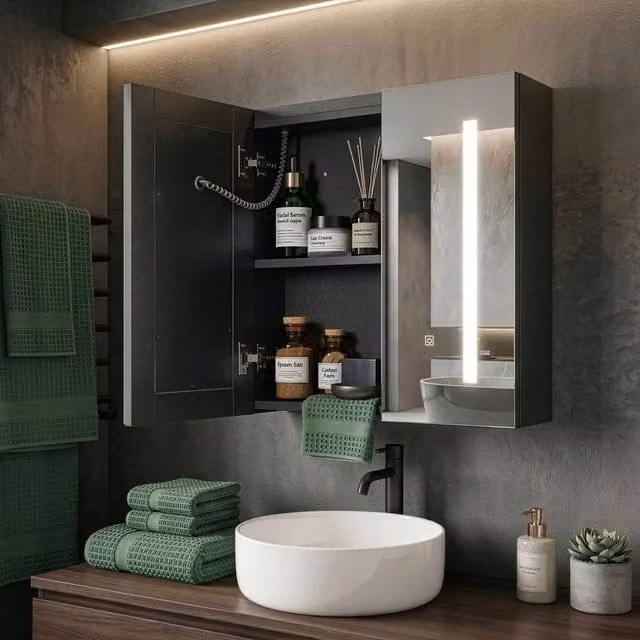 Wyld and Coco Black Plywood 2-Door LED Bath Mirror Cabinet with Sensor Switch, W: 60 cm, H: 60 cm, D: 60 cm