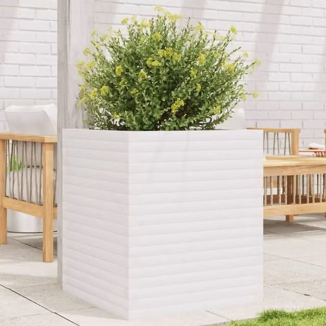 Berkfield Home White Solid Wood Pine Garden Planter Tub W: 60 cm, D: 60 cm, H: 68.5 cm