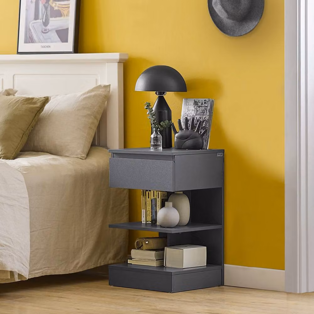SoBuy Modern Grey Bedside Table with Side Compartments and Glass Shelves, W/D/H: 35 x 39 x 65 cm – 2