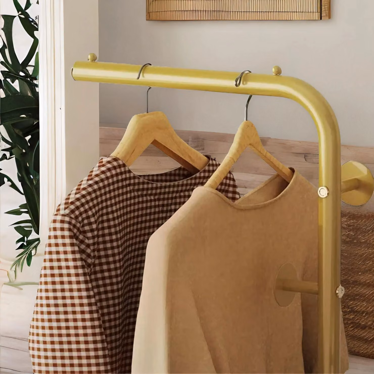 FURNOS Metal Double Coat Stand with 5 Hooks and Hanging Rail in Gold, H 175.75 x W 60 x D 30 cm – 2