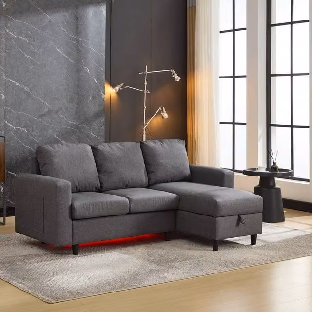 Tokpiedi 3-Seater L-Shaped Reversible Fabric Sofa in Grey with LED Lighting, USB Charging and Storage – 1