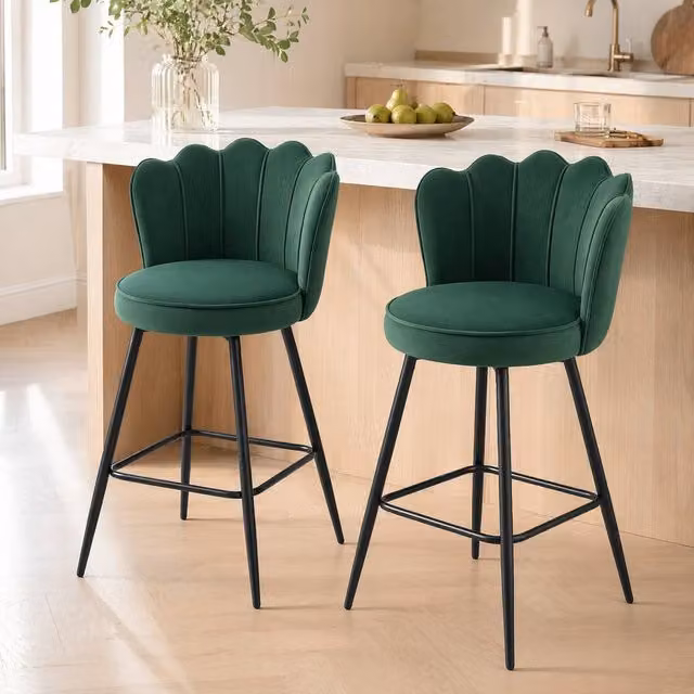 STILVORA Set of 2 Modern Velvet Bar Stools in Dark Green with Matt Metal Legs