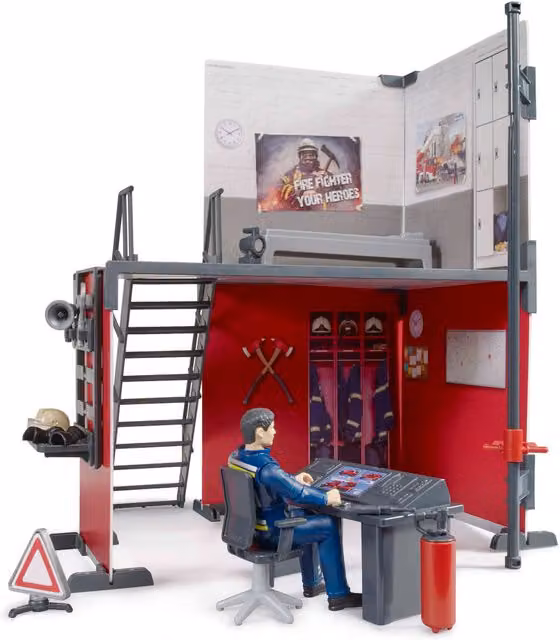 Bruder bworld Fire Station Playset with Fireman Vehicle in Red, 1:16 Scale