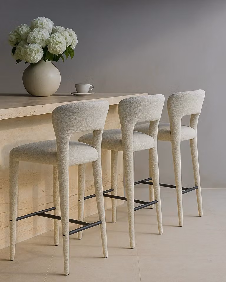 Tommy Franks Pari I Bar Stool in Chex Polar Bouclé with Metal Frame, White and Black