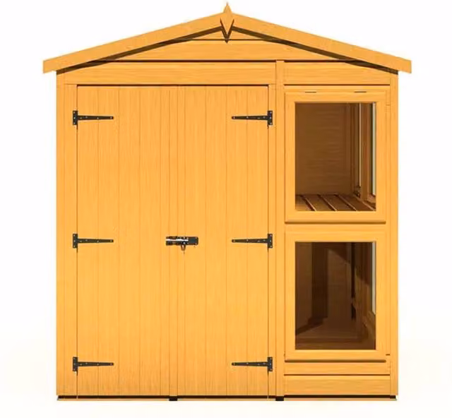Shires Sun Hut Brown Wooden Potting Shed with Tempered Glass Windows and Shelving, W/D/H: 185.8 x 179 x 214.6 cm