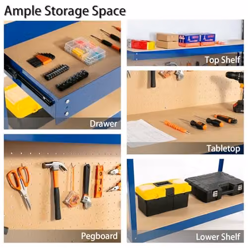 SwitZer Steel Garage Workbench with Pegboard and Drawers, Blue, W/D/H: 140 x 55 x 115 cm – 3