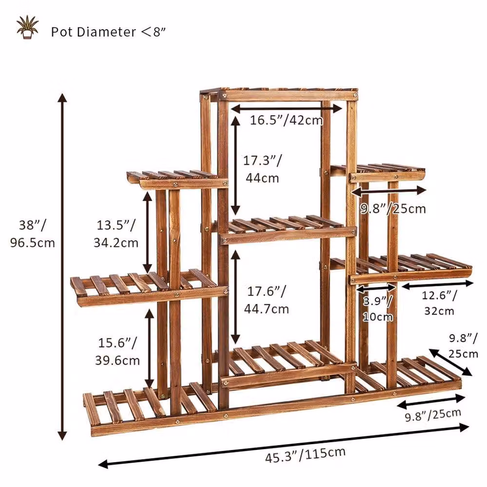 Havendro Rustic Brown Carbonised Pine Wood Flower Rack for Garden, Balcony or Kitchen, H 96.5 x W 25.0 x D 25.0 cm – 2