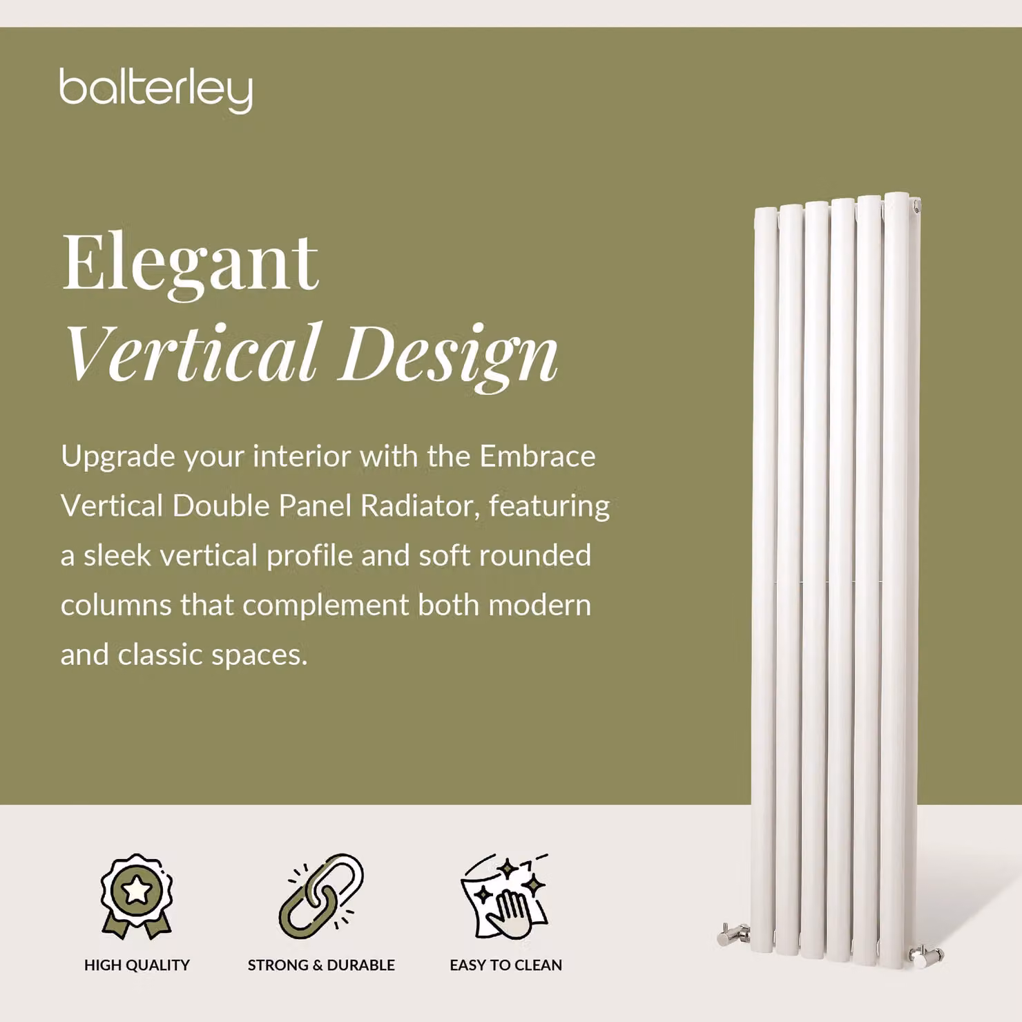 Balterley Embrace Vertical Double Panel Radiator, Gloss White, H: 150 cm, W: 35.4 cm, D: 7.4 cm – 2