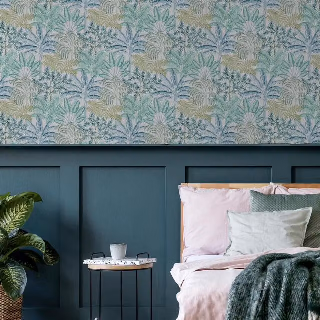 Superfresco Easy Intrigue Trees Botanical Floral Wallpaper in Aqua Blue and Multicolour