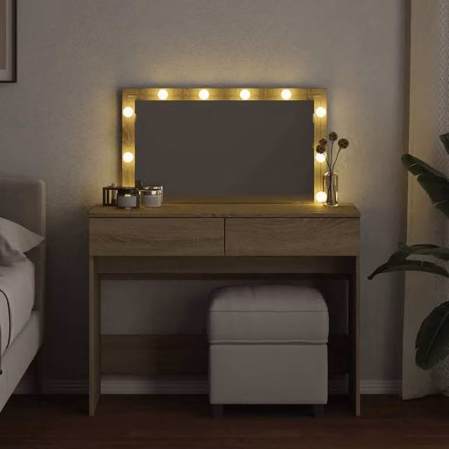 Berkfield Home Beautiful Hollywood LED Dressing Table in Sonoma Oak and Beige, W/D/H: 100 x 40 x 120 cm – 1