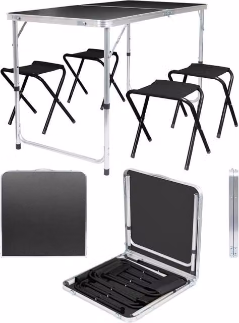 Harbour Housewares 5-Piece Height Adjustable Folding Picnic Table and Chairs Set in Black