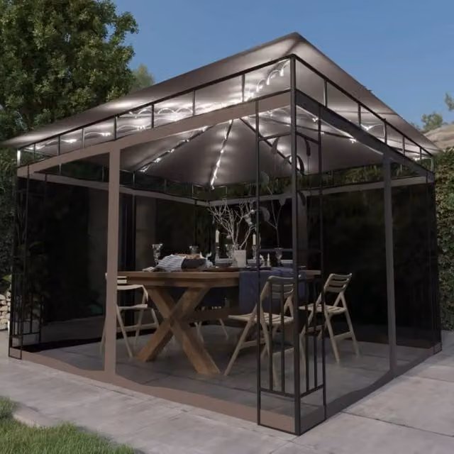 Berkfield Home Gazebo with Mosquito Net and LED String Lights, Beige, W: 300 cm, D: 300 cm, H: 273 cm