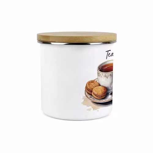 Purely Home Shabby Chic Cup and Saucer Tea Canister, 1.2 l, White Enamel with Bamboo Lid