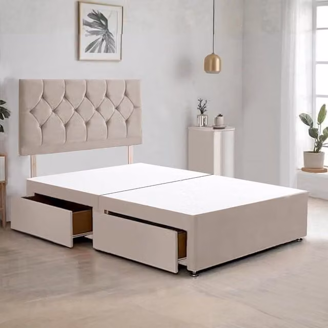 Bed Time UK Ziggy Plush Velvet Divan Bed Frame with 2 Drawers and 20 inch Headboard in Beige, Size: King (180 x 200 cm)