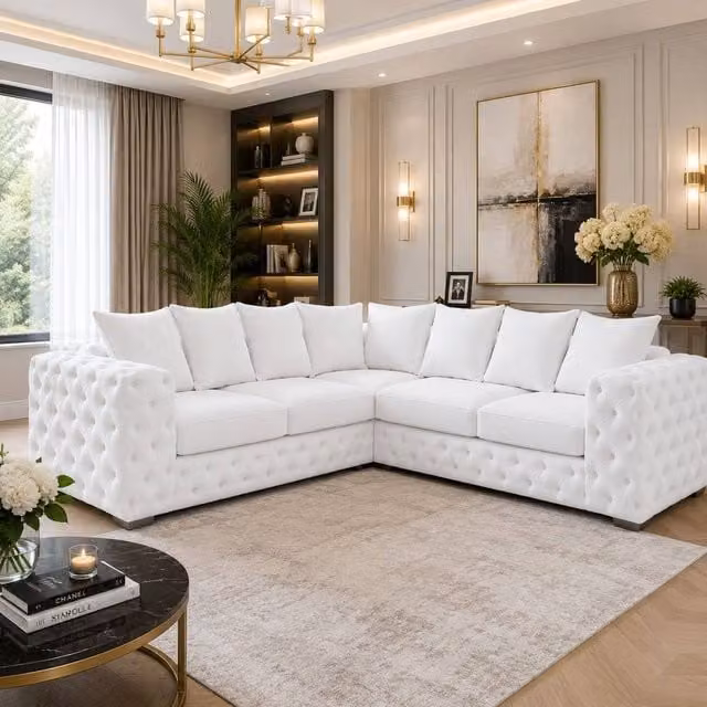 Stratus Interiors Ashley Scatter Back Chesterfield Fabric Sofa 2 and 3 Seater Set in White – 1