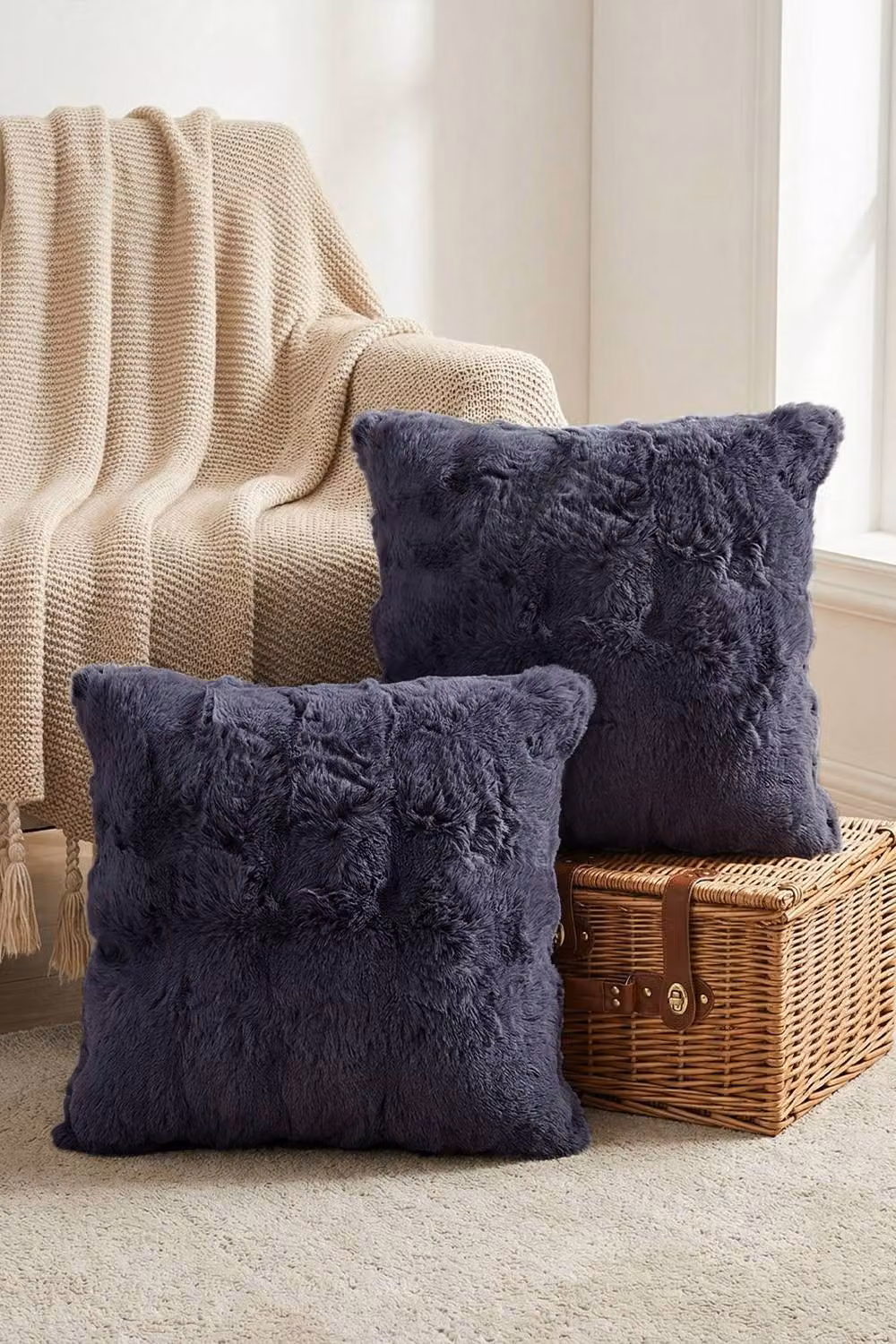 Living and Home Plush Square Throw Pillow Cover in Dark Grey – 2