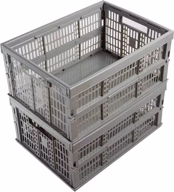 PAWNORA Pack of 2 Grey Folding Plastic Storage Crates with Handles