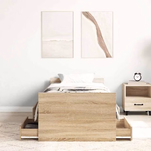 Berkfield Home Sonoma Small Single Bed Frame with Drawers in Grey and Light Oak, W/D/H: 80 x 190 cm
