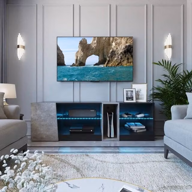 KORVIXA Modern Black LED-TV Stand Cabinet for up to 140cm TVs, W/D/H: 100 x 100 x 100 cm