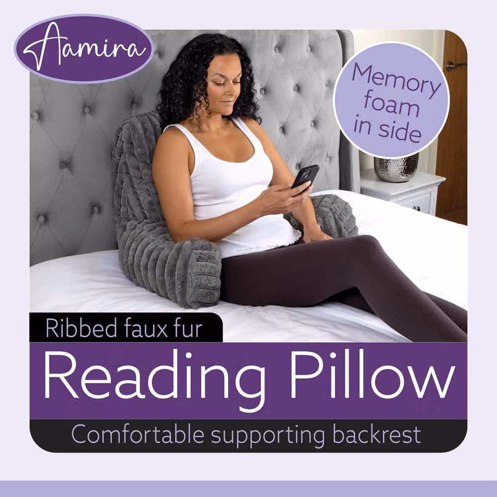 Aamira Grey Faux Fur Ribbed Memory Foam Contoured Wedge Reading Pillow – 2