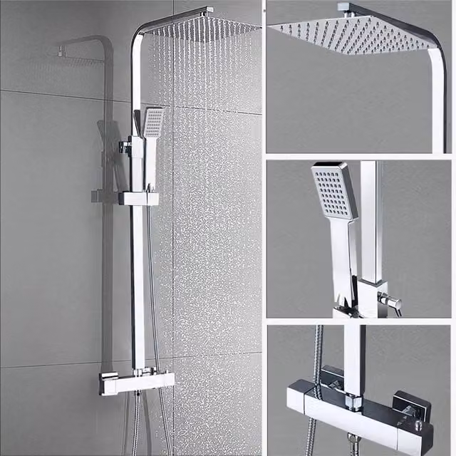 NESTLUNE S-17 Thermostatic Twin Head Shower Mixer Set with Hand Shower and Overhead Shower in Silver and Chrome
