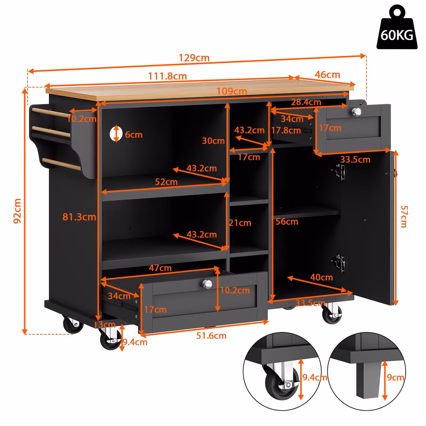 Aosom UK Modern Black Dining Trolley with Drawers, Cupboards, Open Shelving and Wooden Worktop, W/D/H: 129 x 46 x 92 cm – 3
