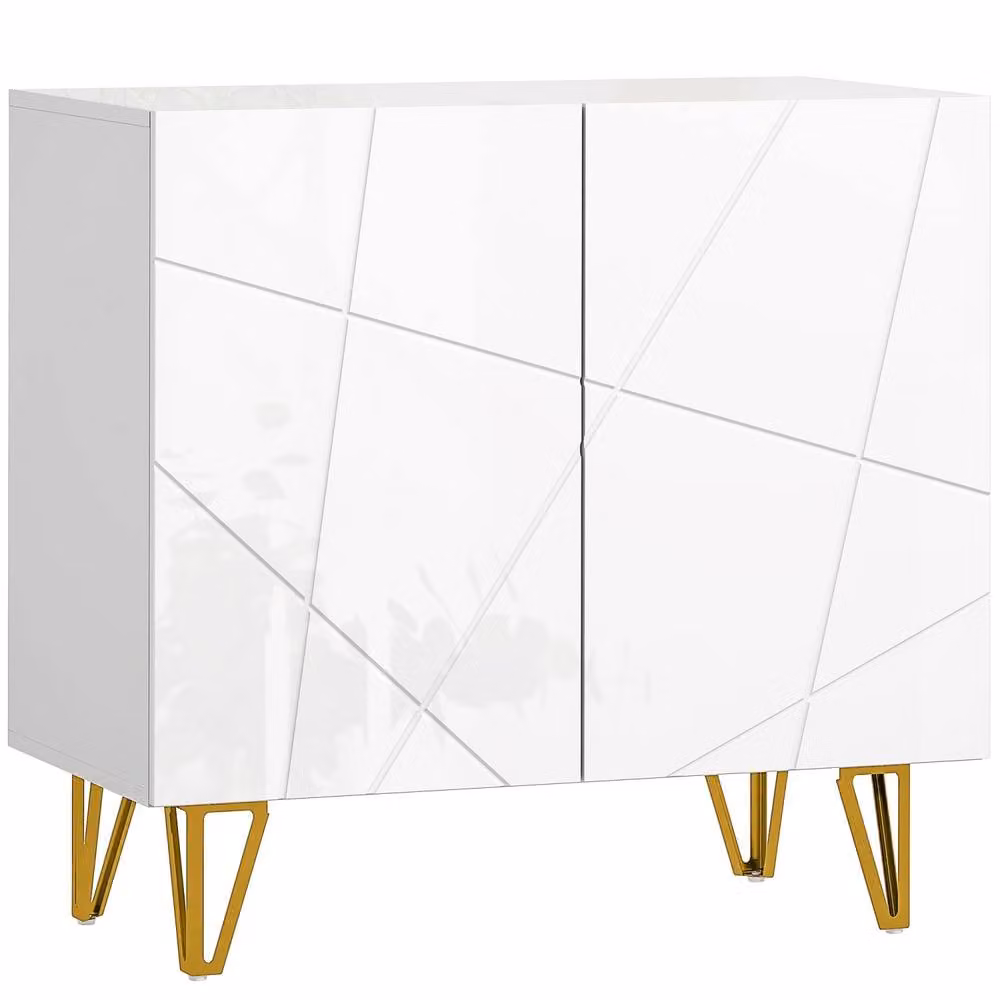 Wyld Haus Diro Modern High Gloss White Sideboard with Geometric Pattern and Gold Hairpin Legs – 2