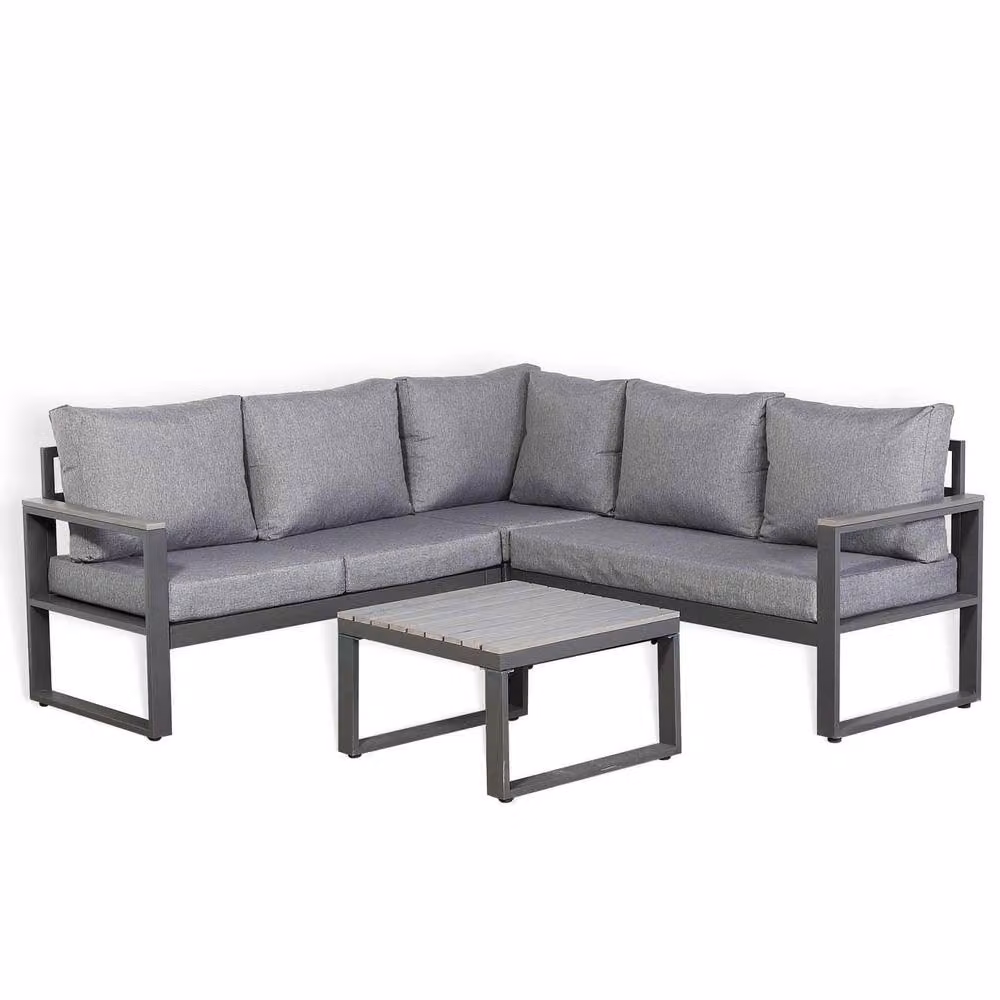 Furnishings For Less UK L Shaped Corner Sofa and Coffee Table Set, Grey Powder Coated Aluminium Garden Furniture – 2