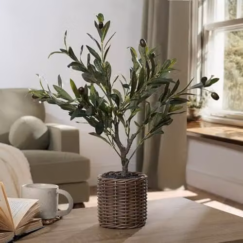 OHS Artificial Olive Tree in Green with Lifelike Leaves and Basket, Height: 50 cm