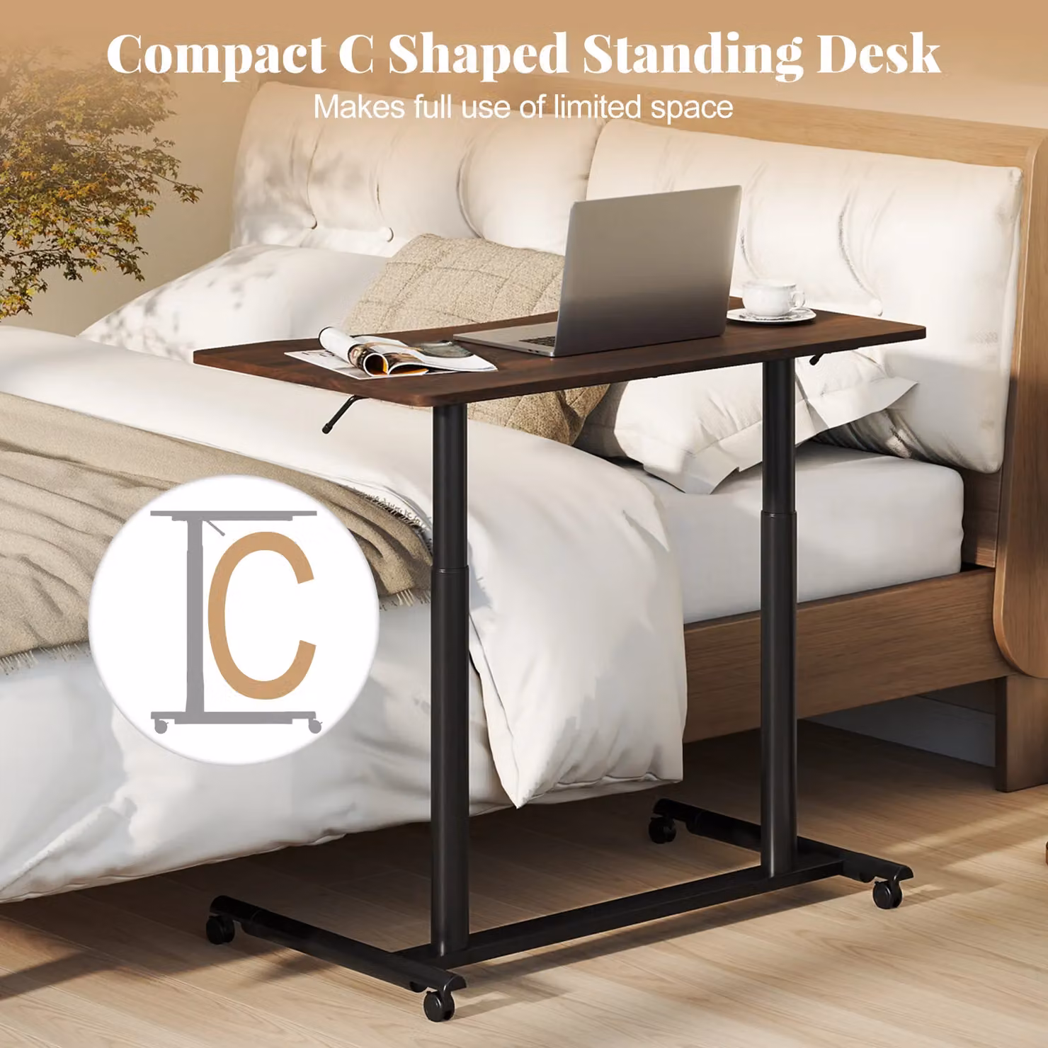 Costway C-Shaped Mobile Standing Desk with Adjustable Height and Castors, Brown – 8