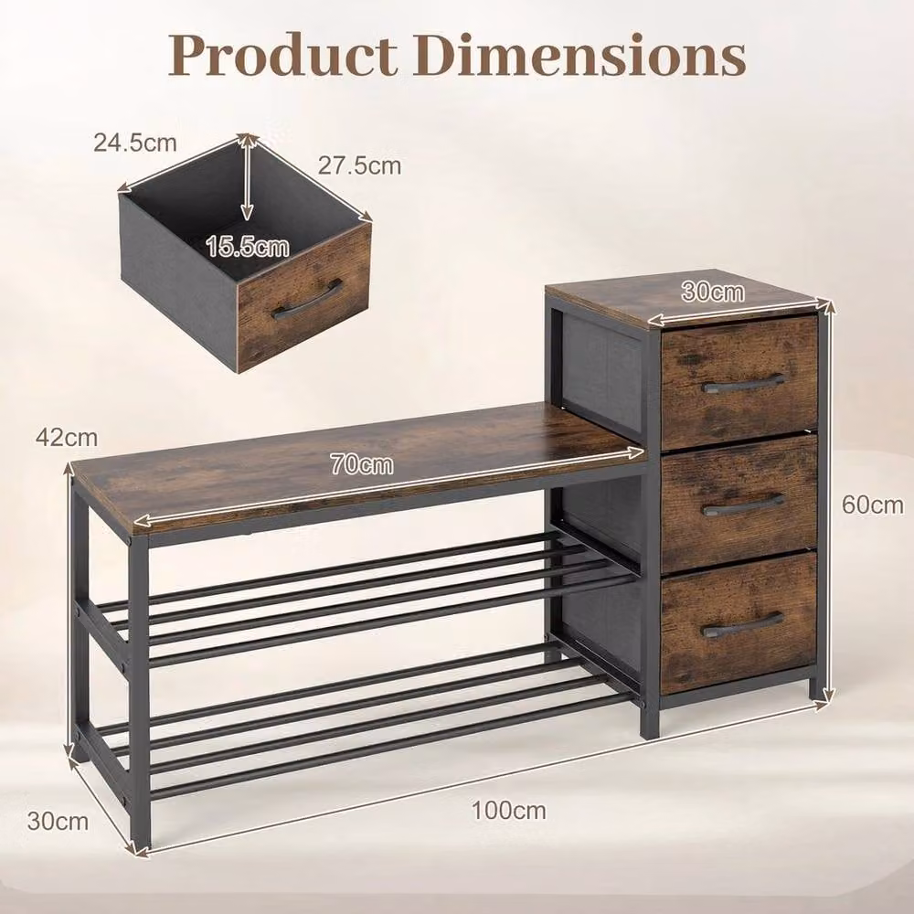 KORVIXA 3-Tier Industrial Shoe Rack in Brown – 2